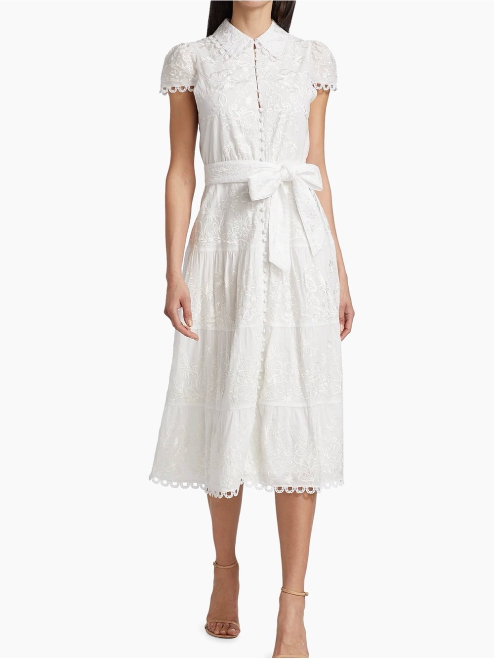 Alice + Olivia White Eyelet Midi Dress with Tie Waist